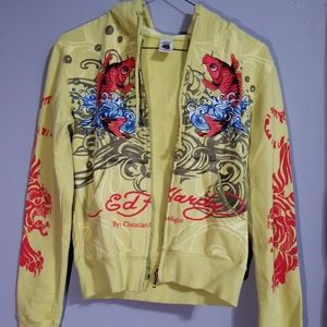Don Ed Hardy by Christian Audigier Green/Yellow Skull and Koi Drawstring Zip-Up